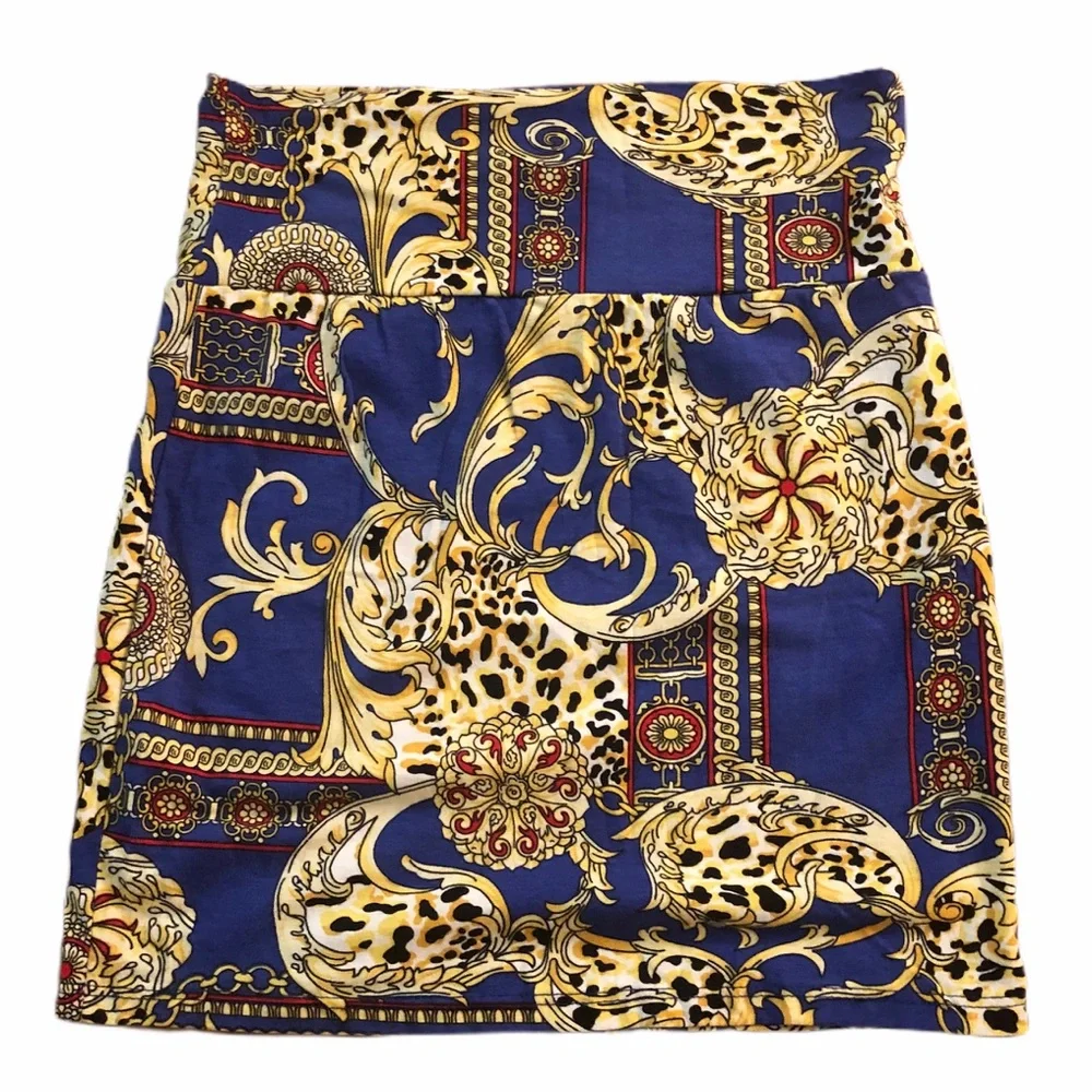 Vintage 1990’s Gold and Blue Bold Print Bandage Mini Skirt, Small‎ 25-28” Waist